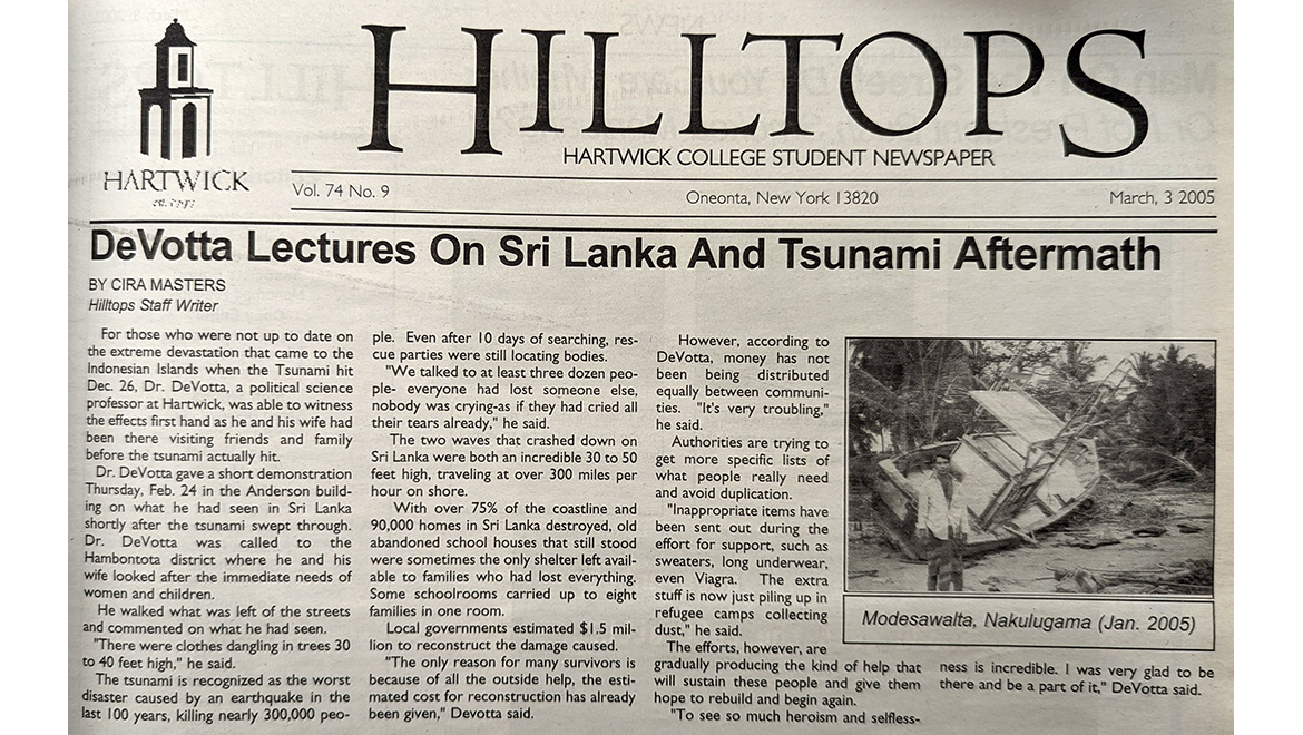 A newspaper page from March 2005, titled 'Hilltops,' with a headline about the Sri Lanka tsunami aftermath and a photo of a damaged boat on a shore.
