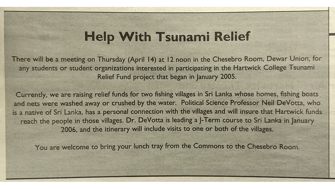 A printed notice titled 'Help With Tsunami Relief' detailing a meeting for a Hartwick College Tsunami Relief Fund project supporting Sri Lankan villages.