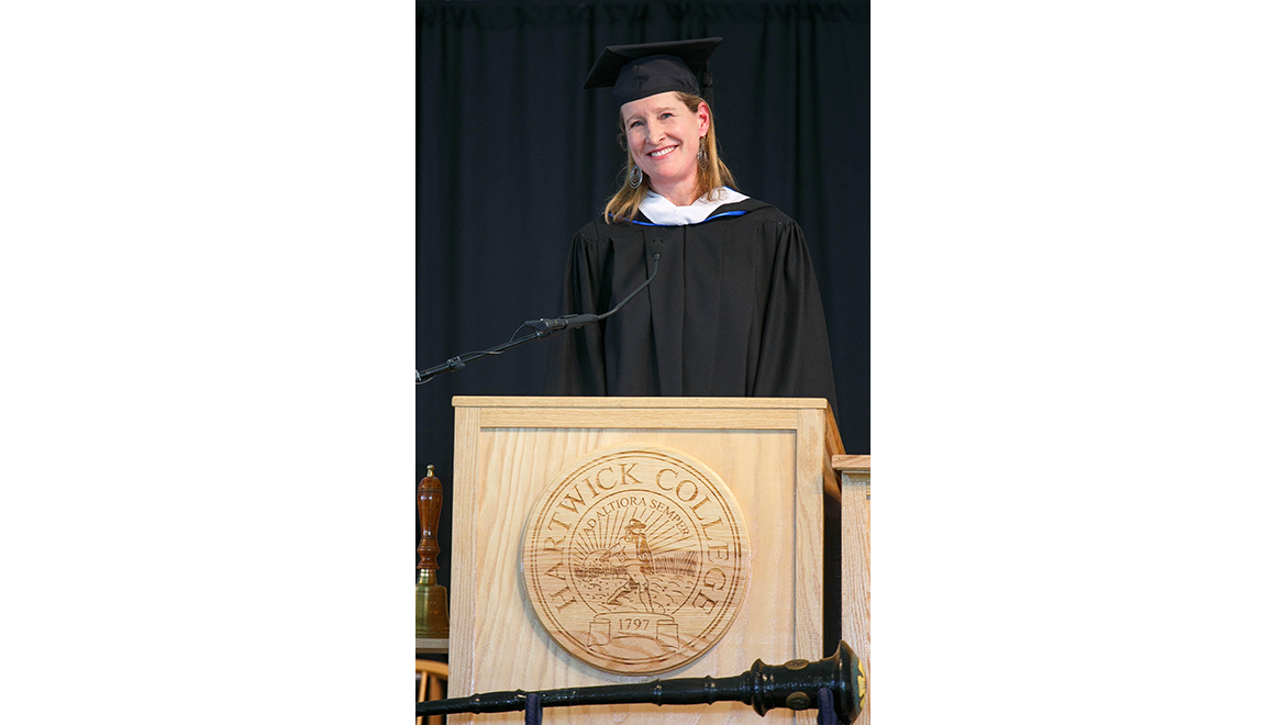 Portrait of Hilary Duffy ’91 in academic regalia from 2017 Hartwick College Commencement