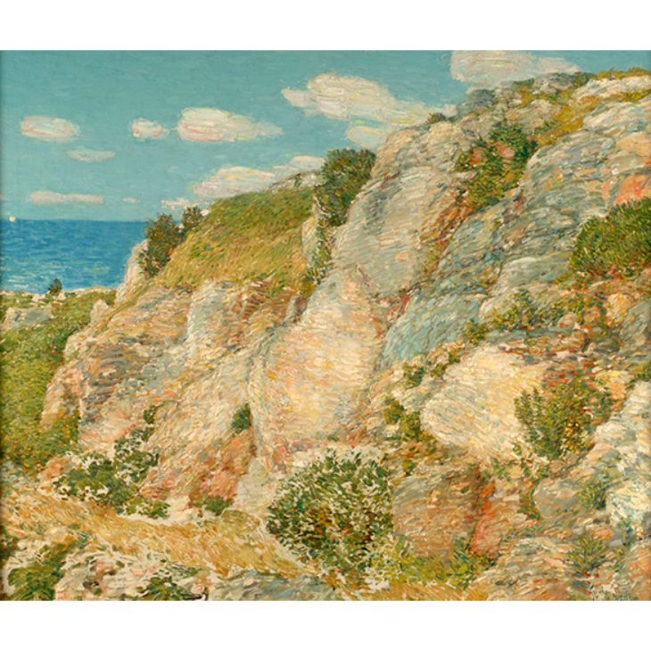 Impressionistic painting of rocky coastal cliffs with green vegetation, a blue sea, and a bright sky with clouds: Isle of Shoals, oil on canvas, Frederic Childe Hassam, 1905