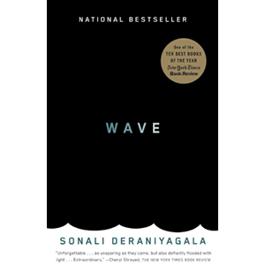 Book cover for 'WAVE' by Sonali Deraniyagala. It features a black background with a wavy bottom edge, white text 'NATIONAL BESTSELLER', light blue title 'WAVE', and a circular badge 'ONE of the TEN BEST BOOKS OF THE YEAR New York Times Book Review'.