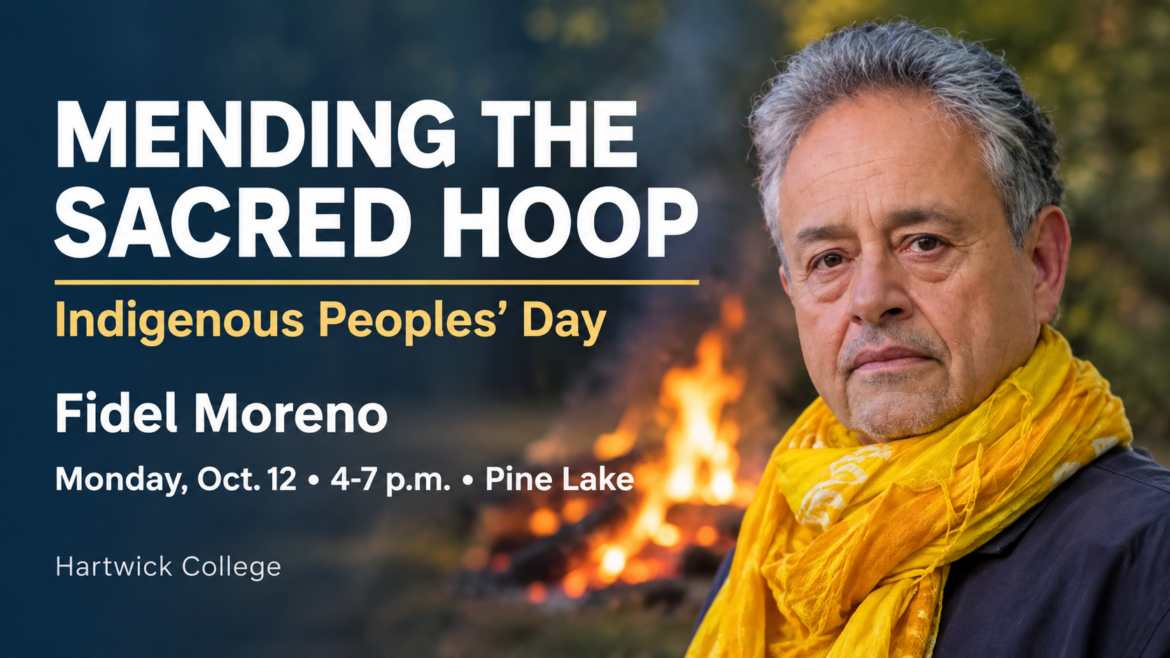 Promotional image for 'Mending the Sacred Hoop' event, featuring Fidel Moreno with a yellow scarf, against a blurred background of a campfire. Event details are overlaid on the left.